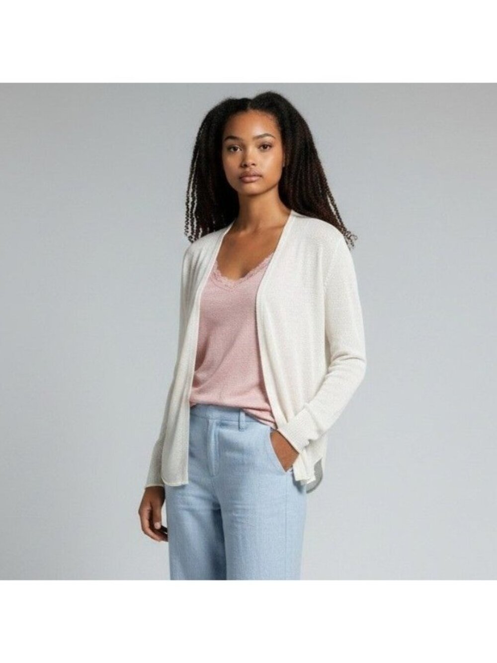 Eileen Fisher Sz L Organic Linen Knit High Collar Cardigan Boxy Fit Open Front L